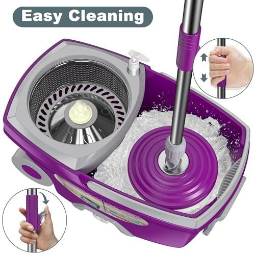 Dual Compartment Spin Mop and Bucket, Mop and Bucket with Wringer Set,360°Rotating Spinning Mopping for Floor Cleaning with 6 Microfiber Replacement Heads, 61" Extended Handle, 2X Wheel - size: Purple Mop Bucket + 6 Mop Heads