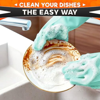 ALPENKOK Silicone Dishwashing Gloves with Scrubber – Non-Slip Silicone Gloves for Washing Dishes | Household Use - color: Turquoise