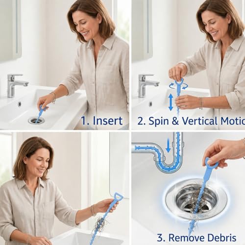 Drain Hair Remover Tool 3 Pcs Set, 20 Inch Flexible Drain Cleaning Snake, Plastic Drain Clog Remover for Sink, Shower, Bathtub and Bathroom Drain, Reusable Hair Removal Tool, Green - color: Blue