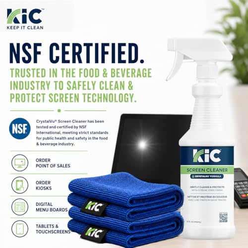 KIC CrystalVu Screen Cleaner Spray Kit with Microfiber Cleaning Cloth – Streak-Free for TV, Phone, Laptop, Monitor & Tablet – NSF Certified Safe Formula – 2 Reusable Microfiber Towels - 32oz - size: 32oz