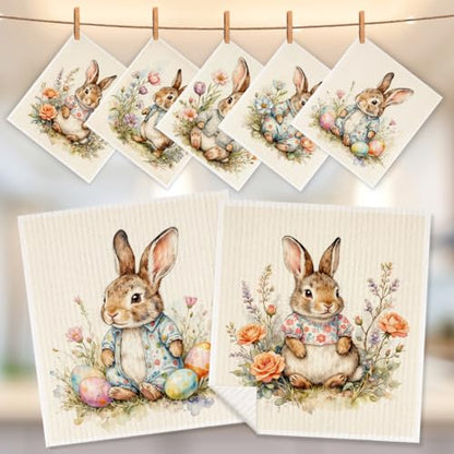5 Pcs Cute Bunny & Flower Swedish Dishcloths, Rabbit Themed Swedish Dishcloth, Artistic Dish Cloths for Drying Dishes, Reusable Cleaning Cloths, Housewarming Gifts for Women - color: Lm 04240