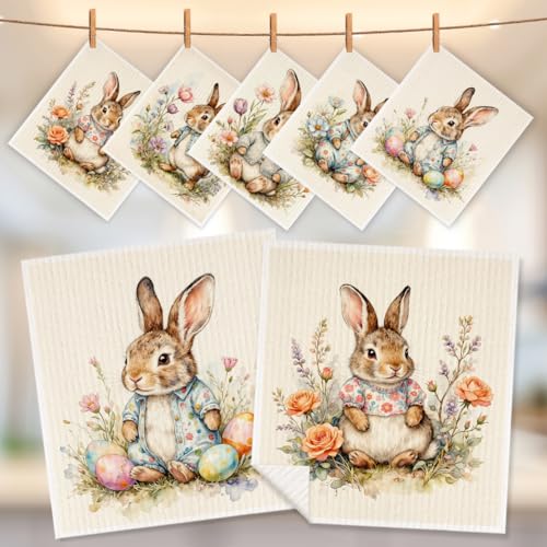 5 Pcs Cute Bunny & Flower Swedish Dishcloths, Rabbit Themed Swedish Dishcloth, Artistic Dish Cloths for Drying Dishes, Reusable Cleaning Cloths, Housewarming Gifts for Women - color: Lm 04240