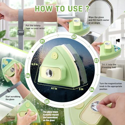 Double-Sided Magnetic Window Cleaner, Green | Adjustable Magnetic Double Window Wiper, Fits 3-30mm Glass Thickness, 2.5m Safety Rope for High-Rise & Auto Glass - color: Green