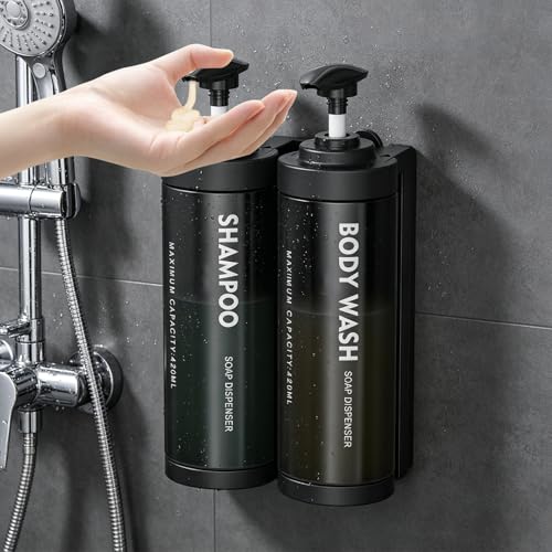 Shampoo and Conditioner Dispenser Wall Mounted, No Drill Shower Soap Dispenser with Large Pump & Key Lock, Refillable ABS Plastic Bathroom Organizer for Hotel, Gym, RV(2 Pack, Black) - color: Black, size: 2