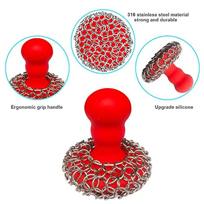 316 Upgraded Chainmail Scrubber with Silicone Handle Cast Iron Cleaner for Cast Iron Grill Pan Skillet Wok Bakeware Ergonomic to Hold Easy to Use Dishwasher Safe, Scrubber + Scraper + Towel (Red) - color: Red