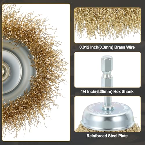 DTGN 3 Inch Wire Cup Brush for Drill - 10 Pcs - Coarse Brass-Plating Crimping Drill Wire Brush(0.012" Brass-Plating Wires) - 1/4 Inch Hex Shank - Good for Cleaning Rust Paint Abrasive