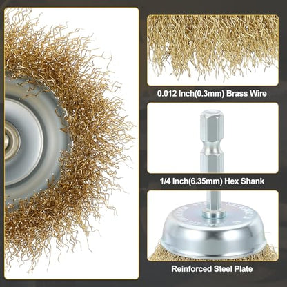 DTGN 3 Inch Wire Cup Brush for Drill - 10 Pcs - Coarse Brass-Plating Crimping Drill Wire Brush(0.012" Brass-Plating Wires) - 1/4 Inch Hex Shank - Good for Cleaning Rust Paint Abrasive