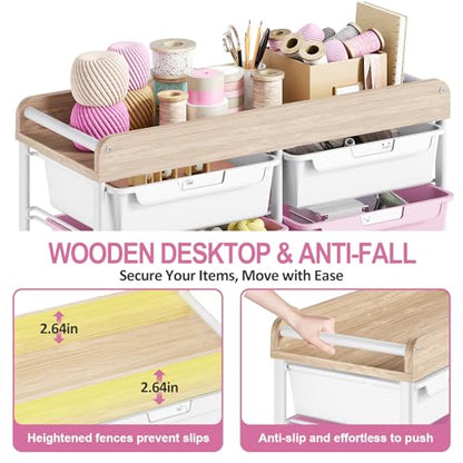 10 Drawers Rolling Cart with Wooden Tabletop, Utility Storage Cart with Wheels, Art Supply Craft Organizer on Wheel with Metal Frame & Handles for Home Office School,Pink - color: Pink