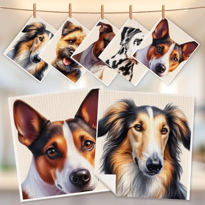 5 Pcs Cute Doggy Swedish Dishcloths, Dalmatian & Border Terrier Swedish Dishcloth, Rough Collie Dish Cloths for Drying Dishes, Reusable Cleaning Cloths, Dog Lover Gifts for Women - color: Lm 03428