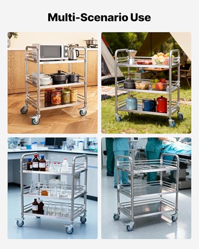 VEVOR Stainless Steel Rolling Cart, 3-Tier Metal Utility Cart with Lockable Wheels, Medical Serving Trolley Clinic Tray, Mobile Service Cart for Hospital, Lab, Restaurant, Kitchen, Salon - size: 3-Layer Shelf