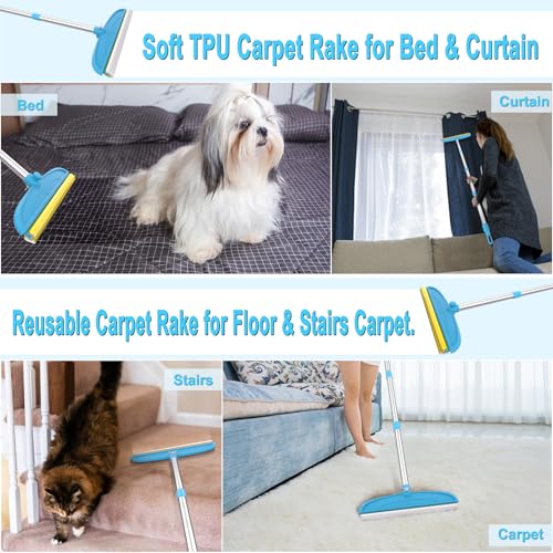 Carpet Rake for Dog Hair Remover: 2 in 1 Reusable Pet Hair Remover – 60‘’ Adjustable Long Handle Carpet Removal Tool for Dog Cat Human Hair – Carpet Scrape Cleaning for Rug Couch Bed