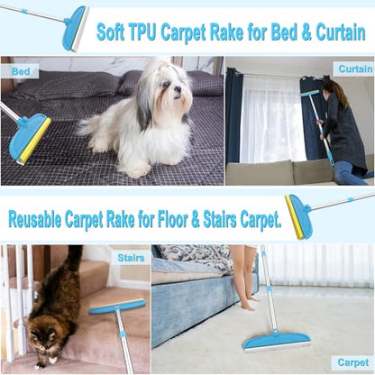 Carpet Rake for Dog Hair Remover: 2 in 1 Reusable Pet Hair Remover – 60‘’ Adjustable Long Handle Carpet Removal Tool for Dog Cat Human Hair – Carpet Scrape Cleaning for Rug Couch Bed