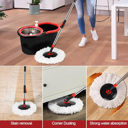 Spin Mop and Bucket with Wringer Set, 360° Spinning Mop Bucket System with 3 Microfiber Mop Replacement Heads, Adjustable Handle for Floor Cleaning (Black) - color: Black