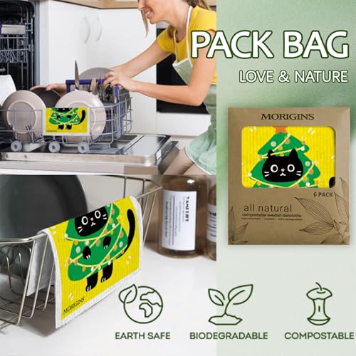 Colorful Christmas Black Cat Swedish Kitchen Towel Winter Snowflake Christmas Bell Absorbent Hand Towel Reusable Quick-Dry Kitchen Cleaning Cloth Cellulose Sponge Cloth 6-Piece Set
