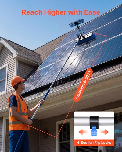 VEVOR Solar Panel Cleaning Kit, 20 ft, Water Fed Pole Kit with Cleaning Brush, Soap Dispenser, Extendable Aluminum Telescopic Pole, 180° Rotatable Brush Head, for Roof Mounted Solar Panels, Windows - size: 20 Ft
