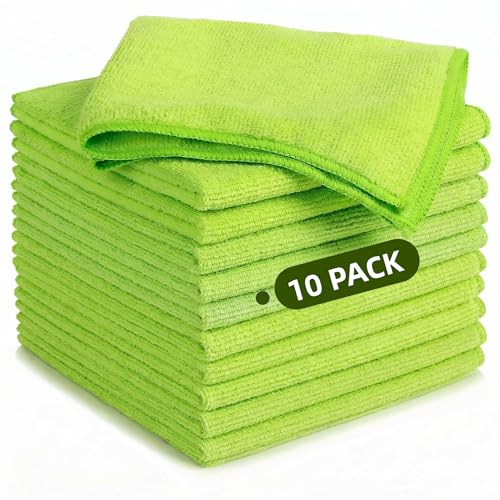 Microfiber Cleaning Cloth 10 Pack, 9.8 x 9.8 Inch Towels, Ultra Absorbent & Lint-Free, Streak-Free Rags for Car, Kitchen, Window & Household, Reusable Washable Cleaning Cloths (Green) - color: Green