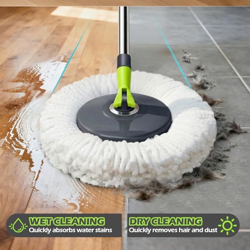 Spin Mop Bucket System,Masthome Pedal Spin Mop and Bucket with Wringer Set,EasyWring Microfiber Mop with 3 Mop Pads,360°Spinning Floor Cleaning System - Home & Office Suitable - color: Green+dark Grey