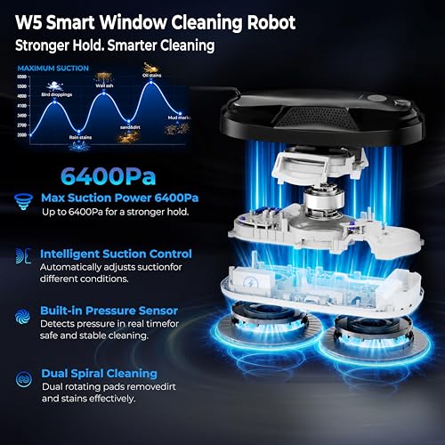 Tosima W5 Window Cleaning Robot, 6400Pa Max Adaptive Suction, Auto-Spray Smart Window Cleaner with Triple Safety System, Intelligent Navigation, Remote Control, for All Smooth Surfaces, Black - color: Black