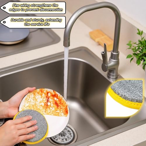 Double Sided Kitchen Sponges for Dishes, Round Scrubbing Pads with Steel Wire Nylon and High Elasticity Sponge, Non Scratch Cleaning Pads with Hanging Loop for Dishes, Pots, Sinks & Bathroom