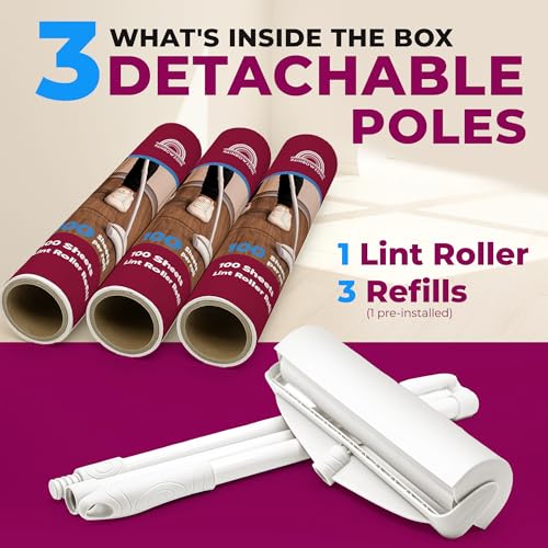 RainbowZone 9.5" Extra Wide Lint Roller for Pet Hair Removal - Extendable Long Handle with 300 Super Sticky Sheets for Furniture, Couch, Car & Carpet Cleaning - Large Pet Hair Remover with 3 Refills - size: 1 Roller + 3 Refills