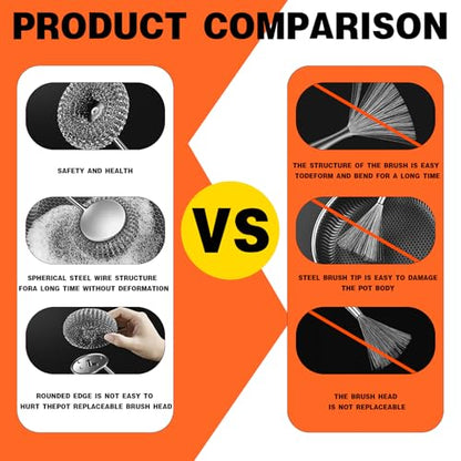 Stainless Steel Scourer Scrub Set with Long Handle Brush+Steel Ball+Screwdriver Metal Scouring Pad Removes Grease, Oil and Dirt Stains from Pots, Dishes and Bakeware (B) - color: B