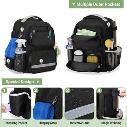 HODRANT Cleaning Backpack with Bottom Plate & Waterproof Bottom, Large Supplies Bag with Multiple Pockets for Housekeeping Tools, Cleaning Products Caddy Organizer for Home & Car