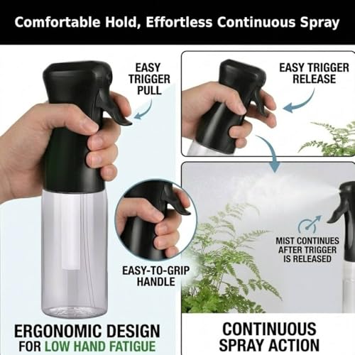 VIGOR PATH 200ml Continuous Mist Spray Bottle for Hair Plants and Skin Care | Ultra Fine Atomizer Leak Proof Ergonomic Construction 360 Refillable - size: 6.7oz - Black and Clear