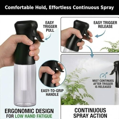 VIGOR PATH 200ml Continuous Mist Spray Bottle for Hair Plants and Skin Care | Ultra Fine Atomizer Leak Proof Ergonomic Construction 360 Refillable - size: 6.7oz - Black and Clear