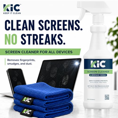 KIC CrystalVu Screen Cleaner Spray Kit with Microfiber Cleaning Cloth – Streak-Free for TV, Phone, Laptop, Monitor & Tablet – NSF Certified Safe Formula – 2 Reusable Microfiber Towels - 32oz - size: 32oz