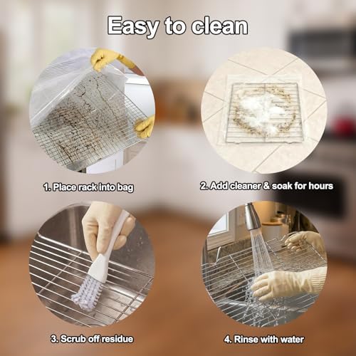 12 Pack Oven Rack Cleaning Bags, Large Sizes (23.62*35.43 in/19.69*27.56 in), 6 Heavy Duty Reusable PE Bags for Deep Soaking BBQ Racks Grill Grates, with 3 Pairs of Long Rubber Gloves, 3 Brushes