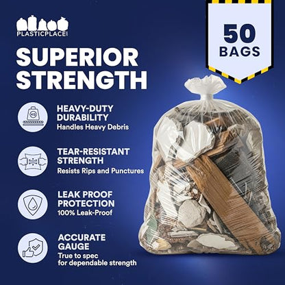 Plasticplace Contractor Trash Bags 55-60 Gallon, Heavy Duty Garbage Bags, 3.0 Mil Clear Trash Bags, Tear-Resistant Large Trash Can Liners for Construction, Recycling & Home Improvement (50 Count) - size: 50 Count (Pack of 1)