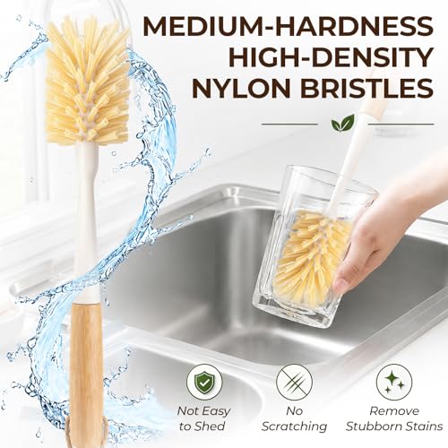 2 Pack Bamboo Bottle Brush - 11.4” Long Handle Water Bottle Cleaner Brush with Odorless Nylon Bristle, Bottle Scrubber Brush for Cleaning Mug, Glass, Sports Bottle