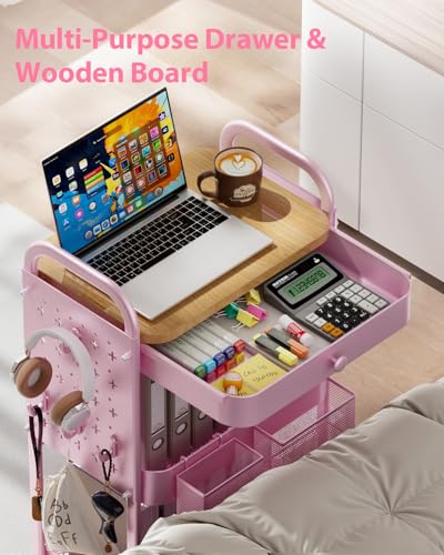 ALVOROG Rolling Cart with Drawer and Wood Table Top, 3 Tier Metal Rolling Utility Cart on Wheels with DIY Pegboards, Hanging Baskets,Hooks for Kitchen, Bedroom, Office, Craft Supplies - color: Cherry Blossom Pink