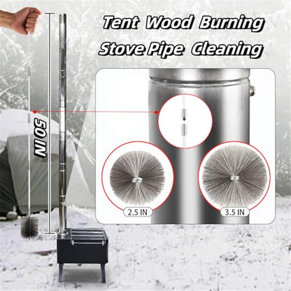 50-inch Long Tent Wood Burning Stove Pipe Cleaning Brush with Stainless Steel Bristles, and Chimney Cleaning Wire Brush with 4 Flexible Rods, 2.5'' Brush Heads - size: 2.5IN