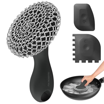 SUBEKYU Cast Iron Scrubber with Silicone Handle, Stainless Steel Skillet Cleaner for Cast Iron Pans (Black Scrubber + Scraper) - color: Black Scrubber + Scraper