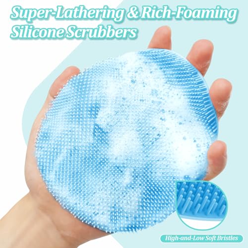 Silicone Back Scrubber & Bath Glove Set 2PCS, 13.4'' Gentle Shower Back Scrubber with Dual-Side Head Non-Slip Handle, 360° Anti-Slip Hand-fit Bath Glove for Rich Foaming Deep Cleaning(Blue) - color: Blue*2