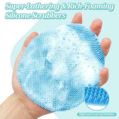 Silicone Back Scrubber & Bath Glove Set 2PCS, 13.4'' Gentle Shower Back Scrubber with Dual-Side Head Non-Slip Handle, 360° Anti-Slip Hand-fit Bath Glove for Rich Foaming Deep Cleaning(Blue) - color: Blue*2