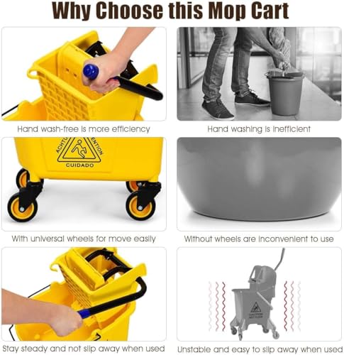 Mop Bucket, Commercial Bucket for Mopping on Wheels with Potable Handle, Mop Bucket with Wringer for Home, Household, Office, Bathroom, Yellow (34 Quarts) - size: 34 Quarts