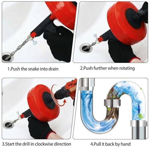 50 Ft Drain Auger,Use Manually or Drill Powered 50 Feet Drain Snake,Heavy Duty Flexible Plumbing Snake,With Gloves and Storage Bag for Kitchen Sink, Shower Drain (50FT, Red) - color: Red-50FT
