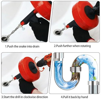 50 Ft Drain Auger,Use Manually or Drill Powered 50 Feet Drain Snake,Heavy Duty Flexible Plumbing Snake,With Gloves and Storage Bag for Kitchen Sink, Shower Drain (50FT, Red) - color: Red-50FT