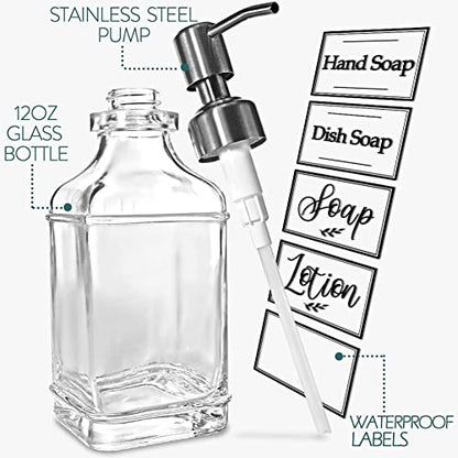 JASAI Antique Design Soap Dispenser with Rust Proof 304 Stainless Steel Pump, Refillable Glass Soap Dispenser with 10Pcs Clear Stickers, Premium Kitchen & Bathroom Soap Dispenser - color: 1 Pack