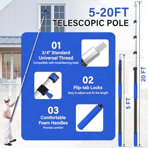 26FT High Window Washing Kit with Extension Pole, 2 in 1 Window Cleaning Squeegee Kit, Cobweb Duster with 5-20FT Telescoping Pole, High Reach Duster Kit for Outdoor, Indoor and Solar Panel Cleaning