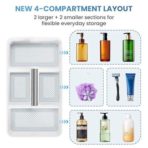 BYUNER 2Pack Plastic Shower Caddy: Portable Shower & Bathroom Caddy Tote with Handle, 4 Divided Compartments, Hard Plastic Shower Basket with All-Side Drainage for College Dorm Room Essentials - color: 2pc White/Silver