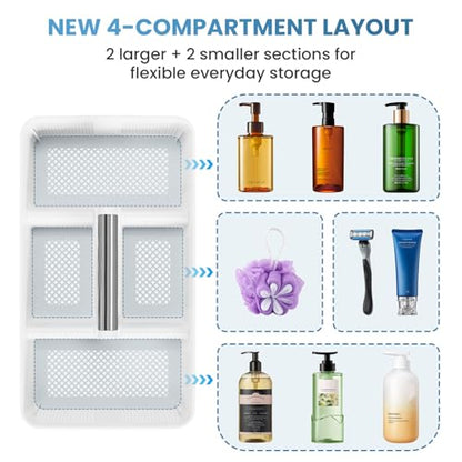 BYUNER 2Pack Plastic Shower Caddy: Portable Shower & Bathroom Caddy Tote with Handle, 4 Divided Compartments, Hard Plastic Shower Basket with All-Side Drainage for College Dorm Room Essentials - color: 2pc White/Silver