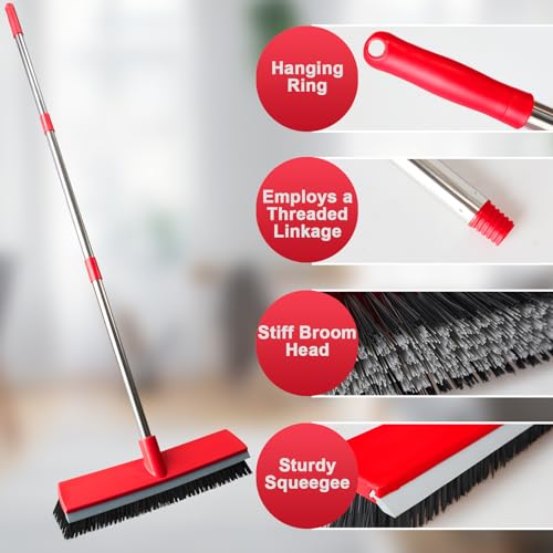 15.7 Inch Floor Scrub Brush Removable Stainless Steel Handle 2 in 1 Scrape Brush Stiff Bristle Shower Scrubber for Cleaning Patio Bathroom Garage Kitchen Wall Deck Tub Tile 52.4 inch Tall