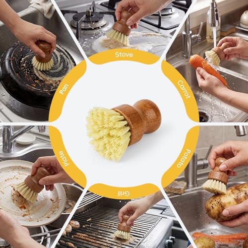 DEBETOOL 3-Pack Wooden Dish Brush - Natural Dish Scrubber & Vegetable Brush with Sisal Bristles, Kitchen Scrub Brush for Pots Pans & Vegetables
