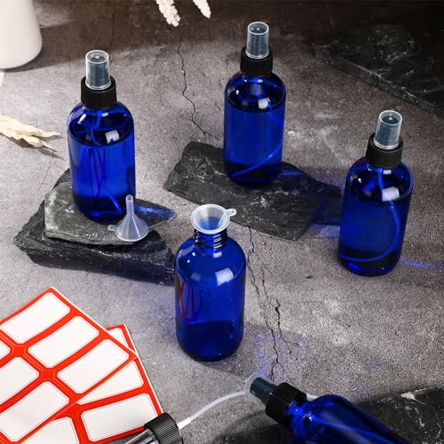 Norme 12 Pcs 8 oz Glass Spray Bottles with Funnels and Labels Refillable Cosmetic Empty Spray Bottles with Sprayer Containers for Essential Oil Cleaning Solutions(Blue,Stylish) - color: Blue, style: Stylish