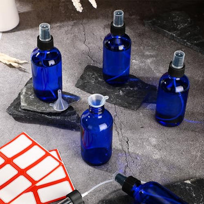 Norme 12 Pcs 8 oz Glass Spray Bottles with Funnels and Labels Refillable Cosmetic Empty Spray Bottles with Sprayer Containers for Essential Oil Cleaning Solutions(Blue,Stylish) - color: Blue, style: Stylish