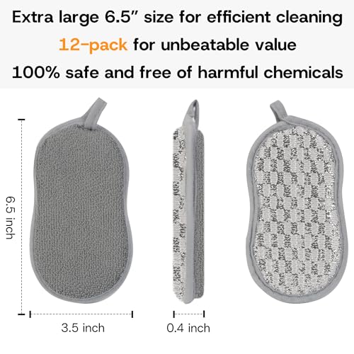 Multi-Purpose Scrub Kitchen Sponges – 12 Pack Dish Sponge, Dual-Sided Non-Scratch Microfiber & Metal Scrubber, Reusable Sponges for Dishes, Pots, Glass, Sink, Stovetop & Bathroom (Gray) - color: Gray