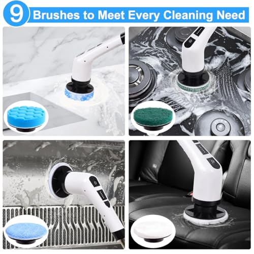 WDFAACK Electric Spin Scrubber,Cordless Spin Scrubber for Cleaning with 8 Replaceable Brush Heads,Shower Scrubber with Adjustable Detachable Handle for Bathroom,Kitchen